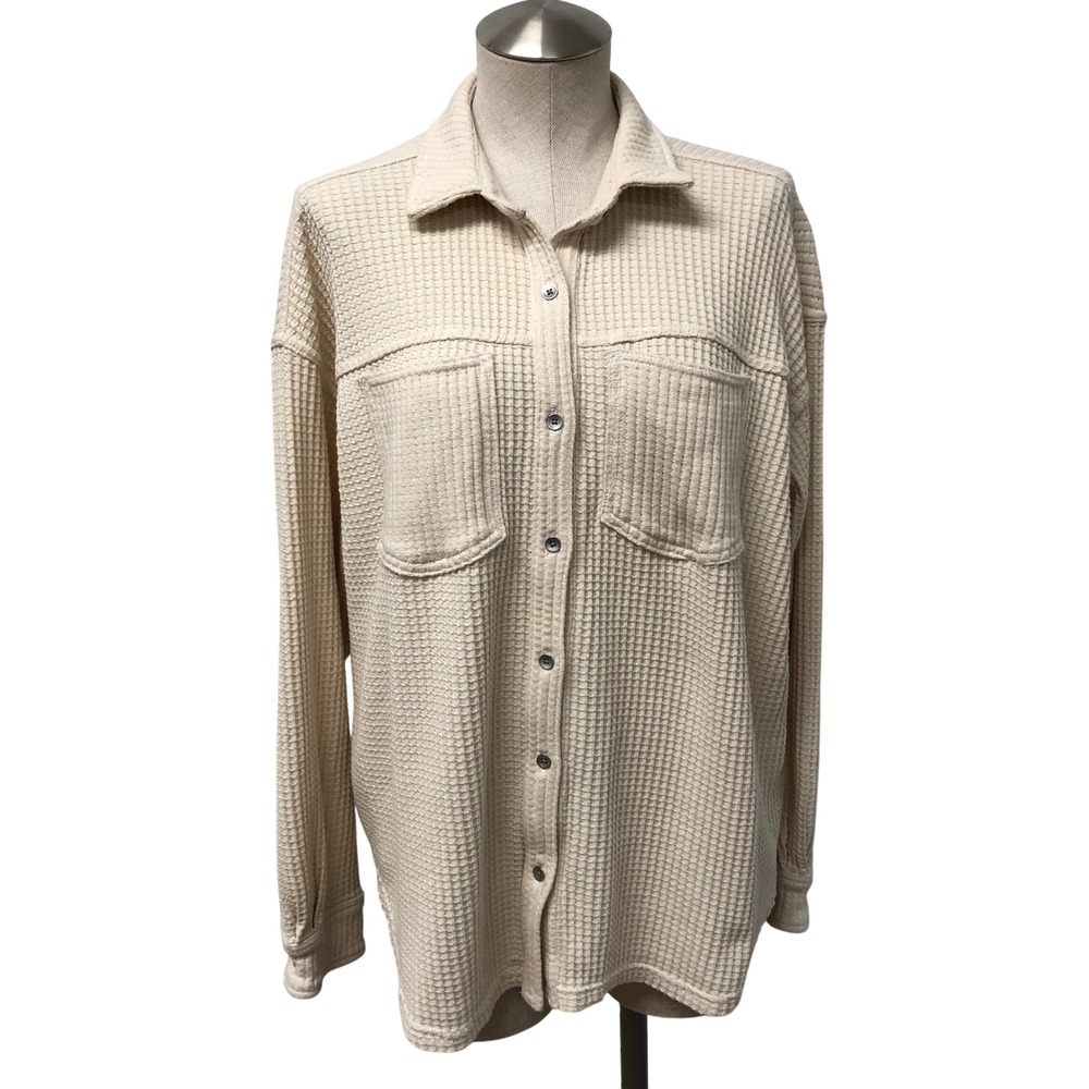 Aerie Button Down Shirt Womens Small Cream Waffle Knit Oversized Shacket